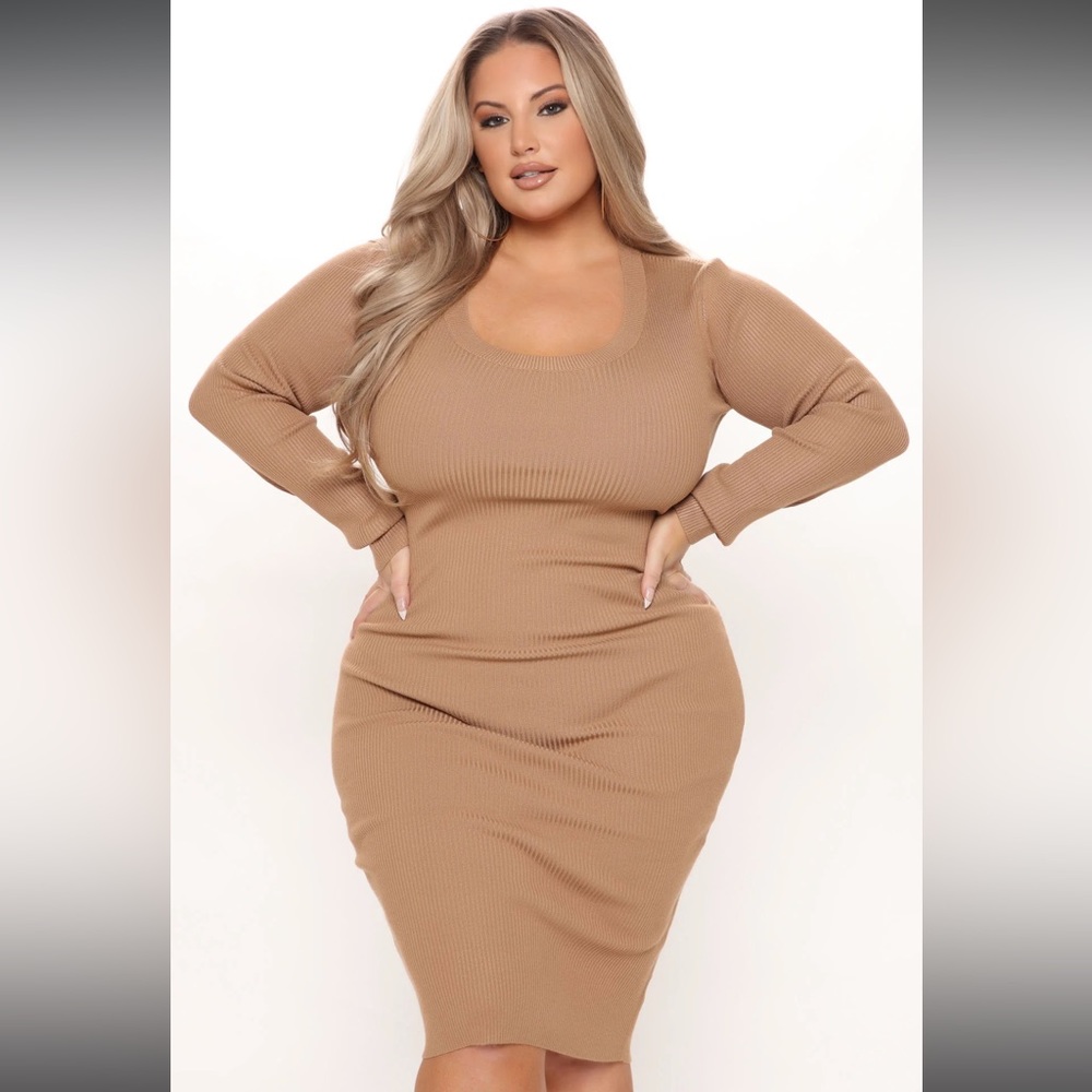 Fashion Nova Dinner Soiree Sweater Midi Dress - Camel